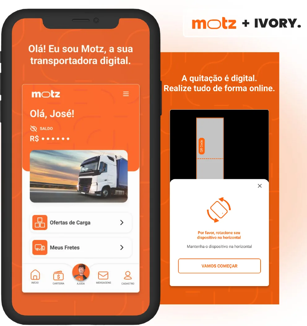 Telas do aplicativo da Motz, a transportadora digital, com ofertas de carga e quitação digital